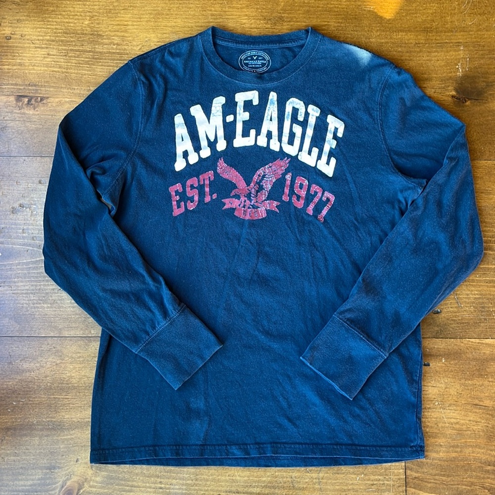 American Eagle Navy Blue Graphic Long Sleeve Tee Shirt Sz L
